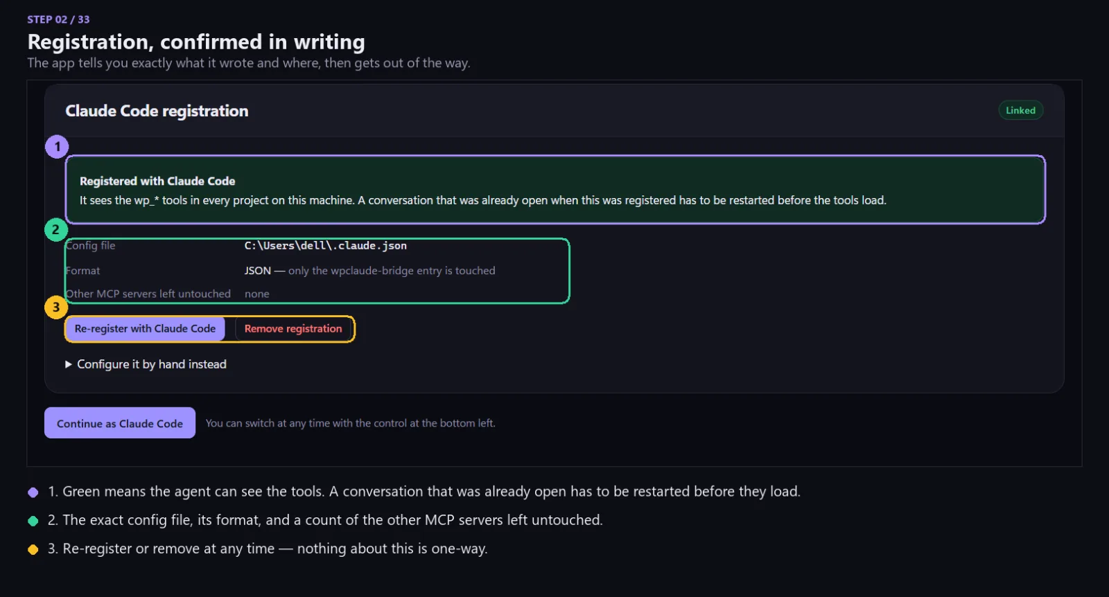 The app writing its entry into the agent config file.