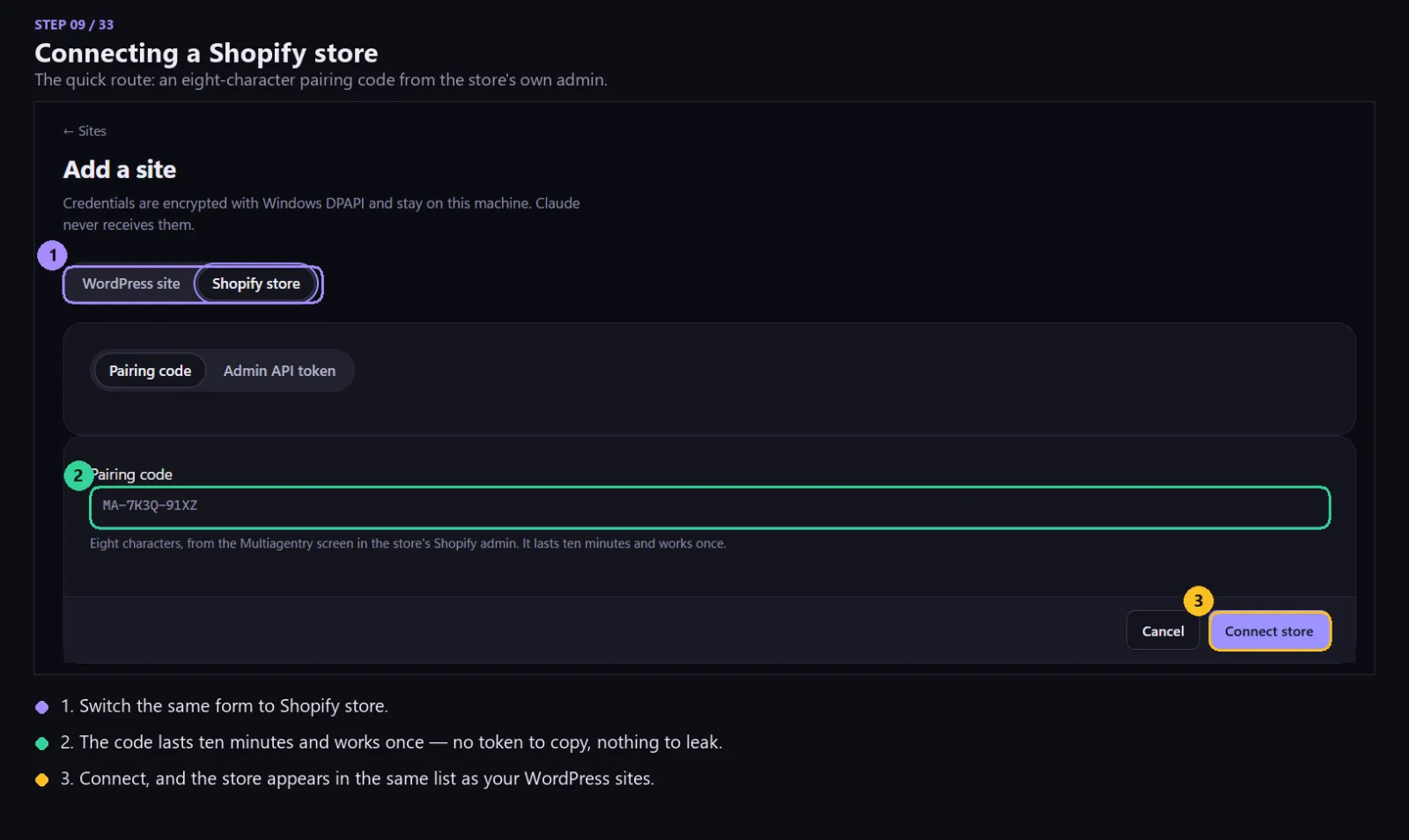 Adding a Shopify store with a pairing code.