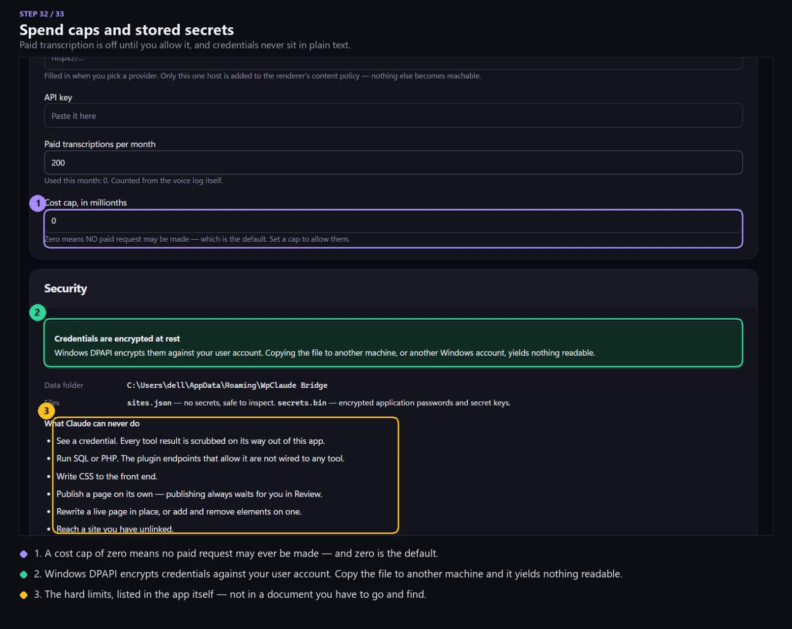 Transcription options, and the security settings.